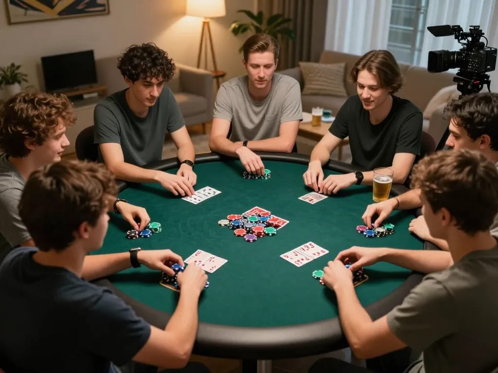 tr88 players enjoying a thrilling poker game, chips stacked, with a vibrant social atmosphere.