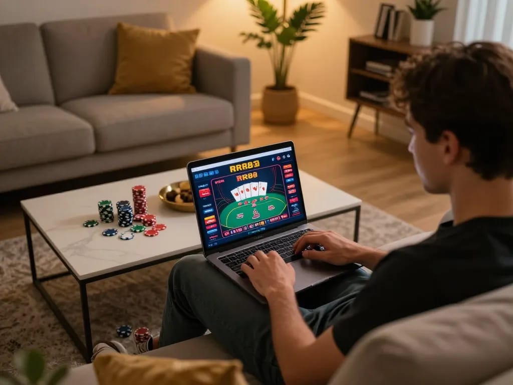 Engaging in online gambling at https://rr88.select/ while relaxing at home, showcasing a cozy game setup.
