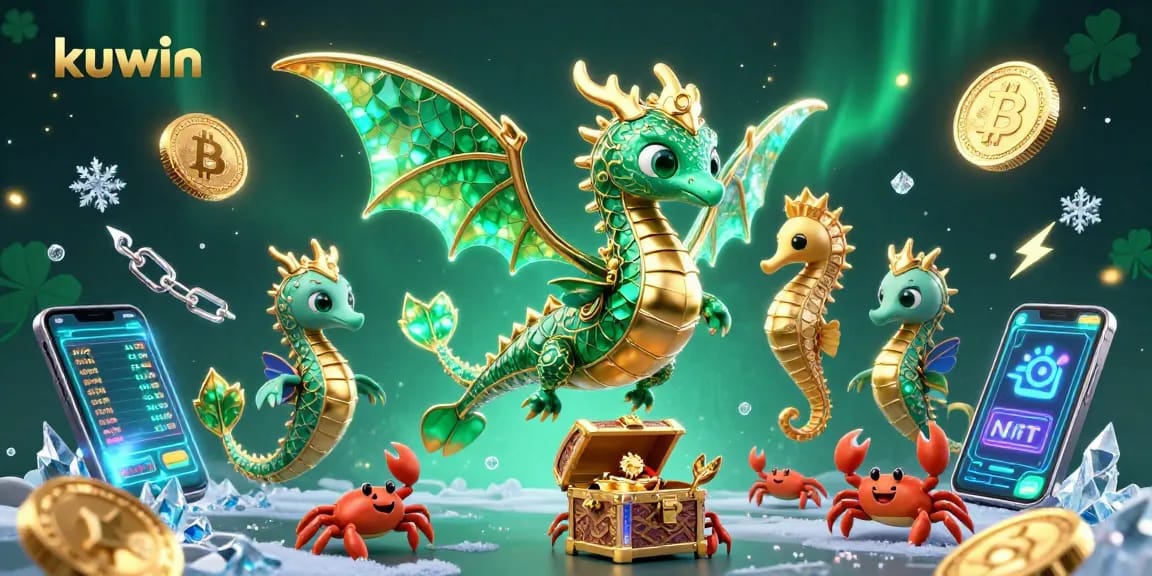 Experience the thrill of kuwin's casino gaming with a vibrant 3D sea dragon and crypto elements.