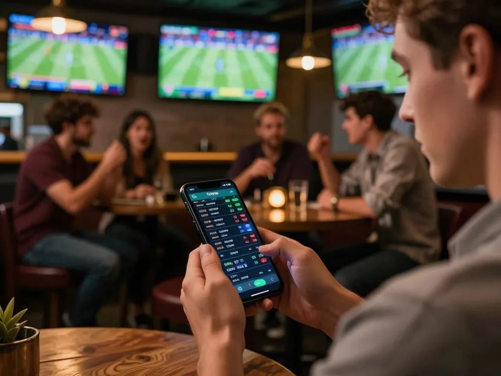 Tỷ lệ kèo nhà cái hôm nay actively displayed on smartphone during an exciting sports betting session at a vibrant sports bar.