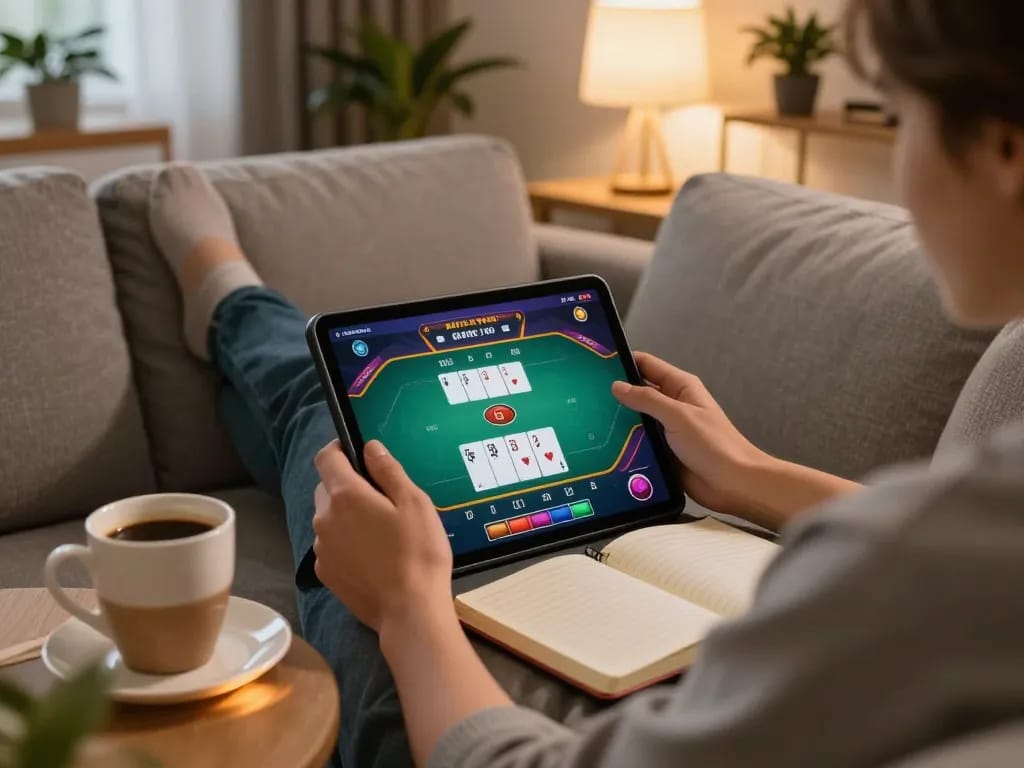 Engaged player strategizing on cm88 while using a tablet in a cozy living room.