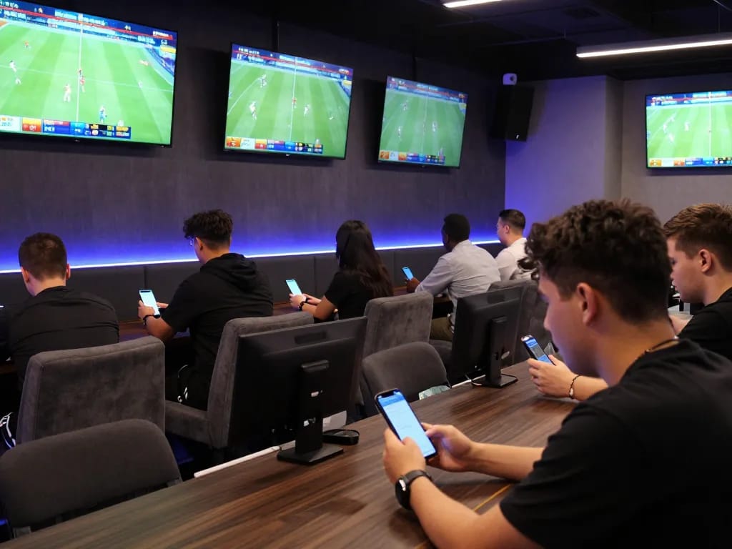 Engaging atmosphere of sports betting with bettors analyzing keo nha cai and placing bets on live matches
