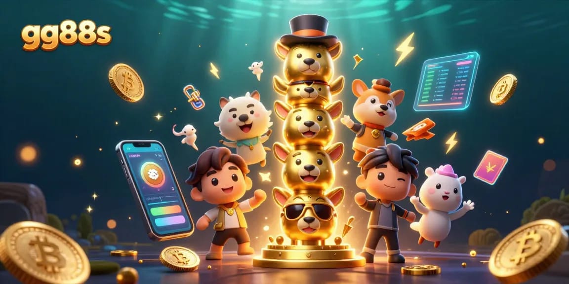 Experience the thrill at gg88s with a vibrant 3D totem and crypto elements illuminating the casino world.