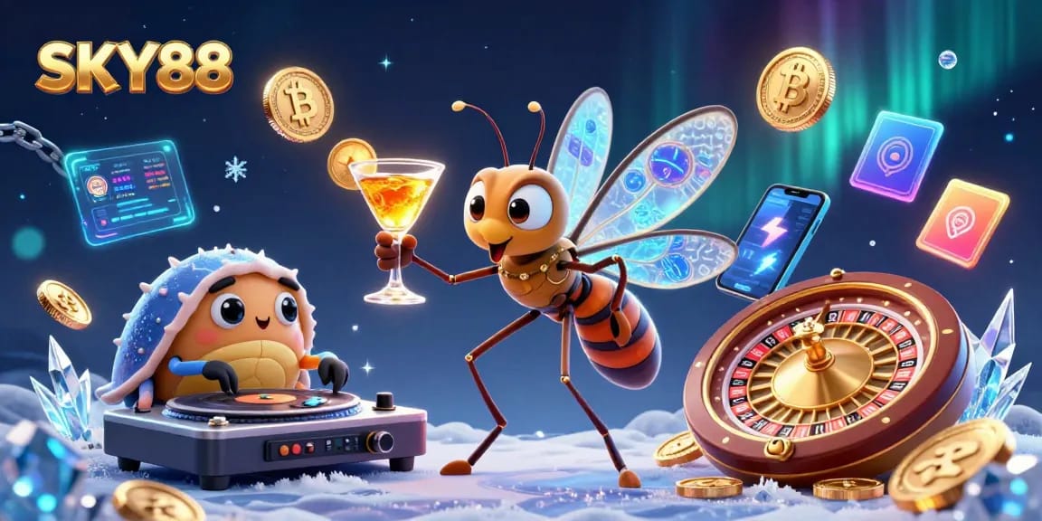 SKY88 engages players with a vibrant casino scene featuring unique characters and crypto elements.