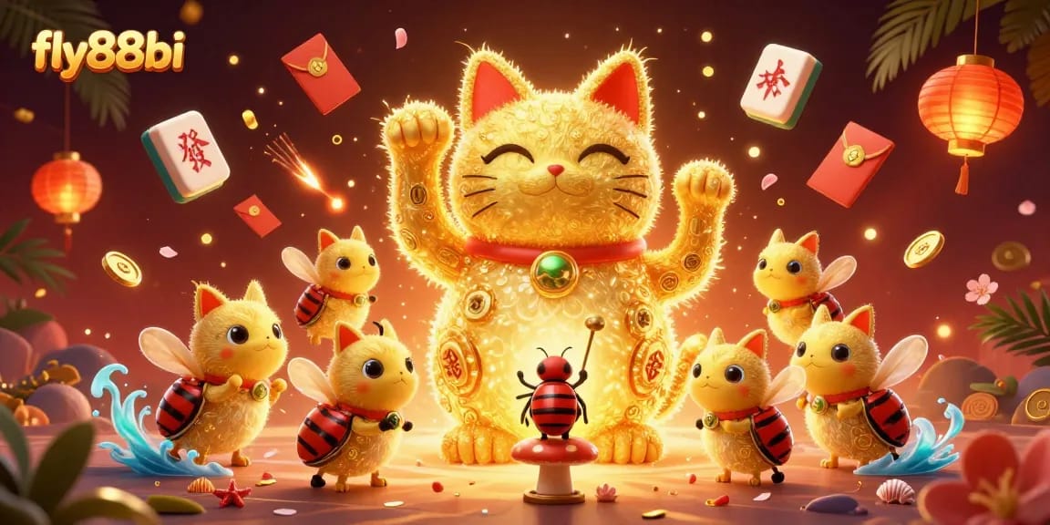 Place bets at fly88bi with vibrant gaming symbols and a lucky cat, creating excitement.