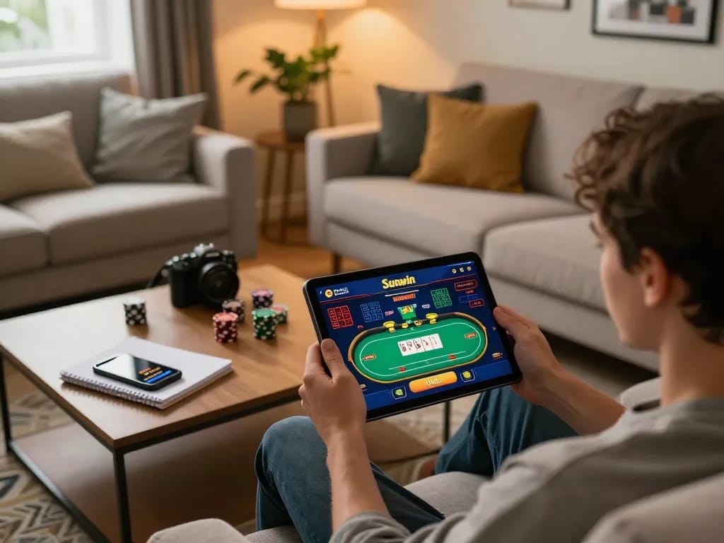 Players enjoying Sunwin online casino game on a cozy home setup, showcasing tablet and strategy elements.