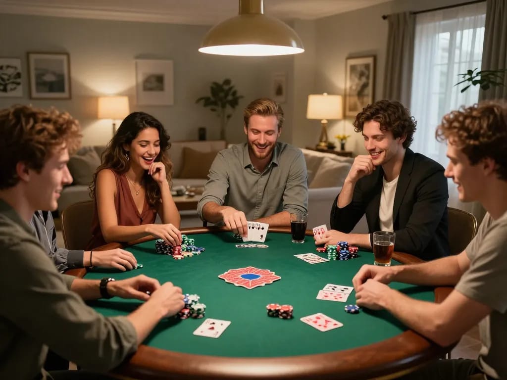 Friends at home playing poker, enjoying strategy and excitement with Fly88 gaming experience.
