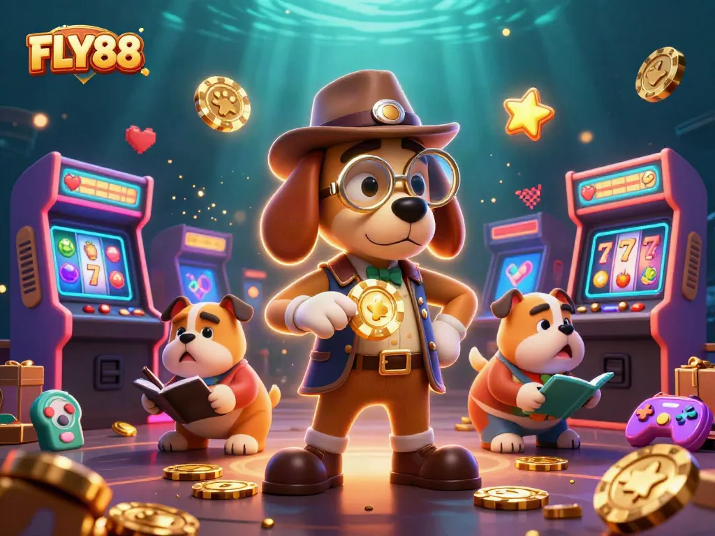 Examine FLY88's golden poker chip clue in a rich casino experience with characters and game elements.