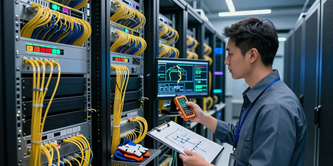 Technician inspecting a fiber optic network setup showcasing precision connectivity and advanced technology in a modern data center.