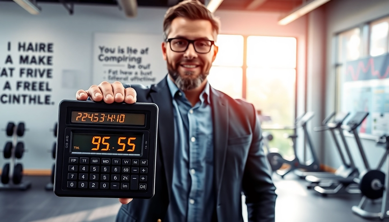 Calculate your fat free mass index using a digital calculator demonstrated by a fitness expert.