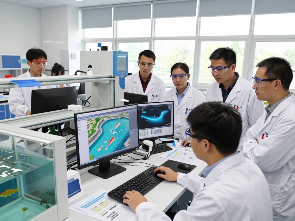 Research team analyzing HBET data for hydropower biological evaluations in a modern lab.
