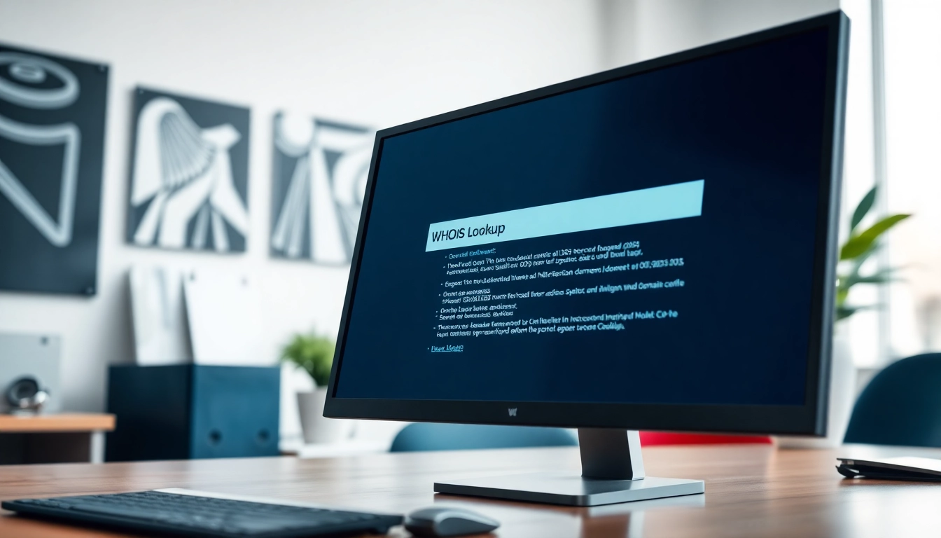 Conducting a WHOIS Lookup on a computer screen in a modern office environment.