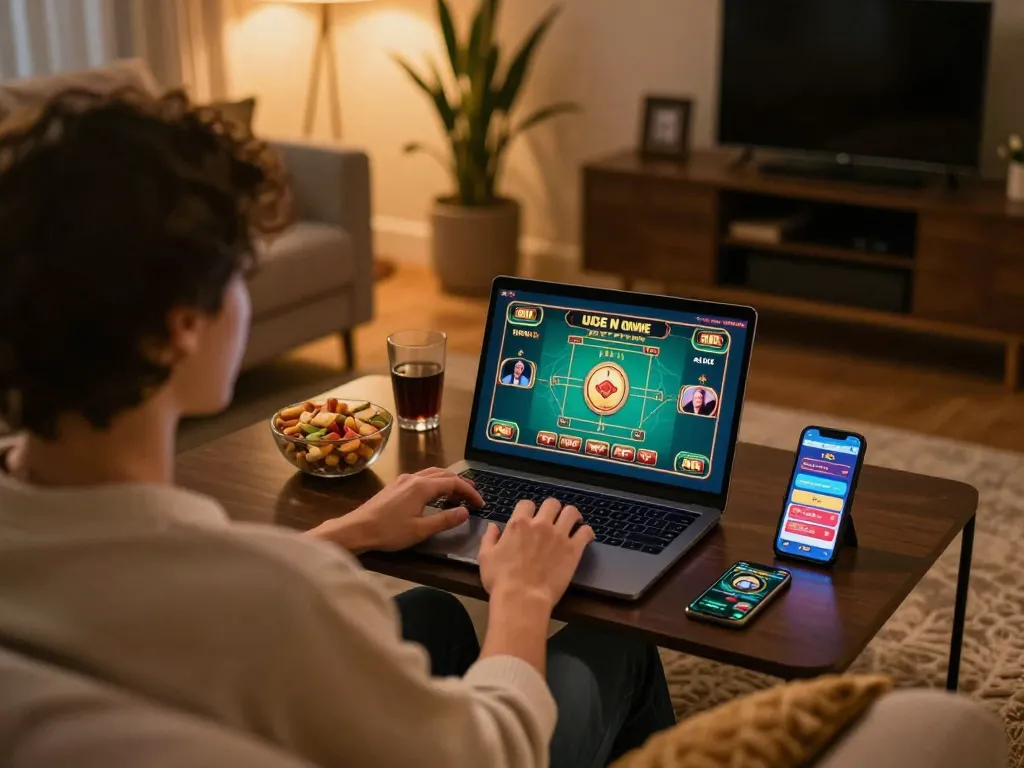 Engaging in online gaming at home with C168 on a laptop, creating a cozy gambling atmosphere.