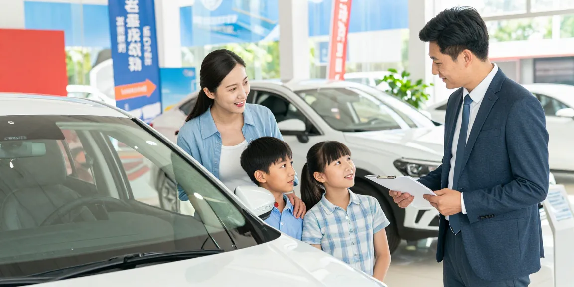 A family discussing a used car warranty with a sales representative at a vibrant dealership.