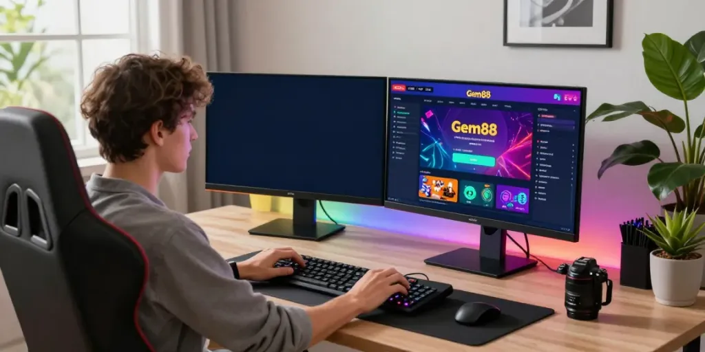 Engaged user on https://gem88.jpn.com/ in a modern gaming office, dynamic gaming setup with vibrant screens.