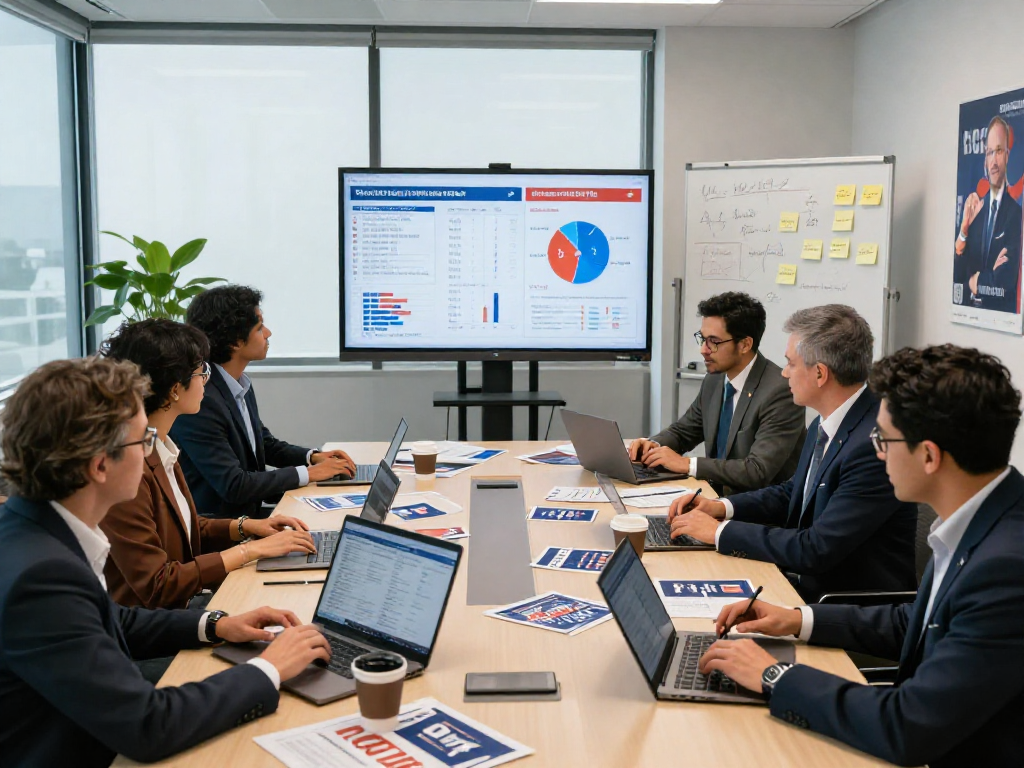 Team discussing political advertising cost strategies during a campaign meeting.