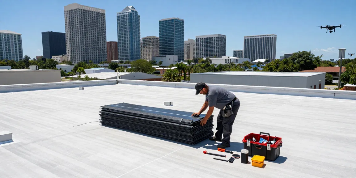 TPO roof installation in Tampa https://avatarroofing.com/residential-roofing-tampa/new-roof-installation-tampa/tpo-roof-installation-tampa/ showcasing skilled contractors working on a commercial flat
