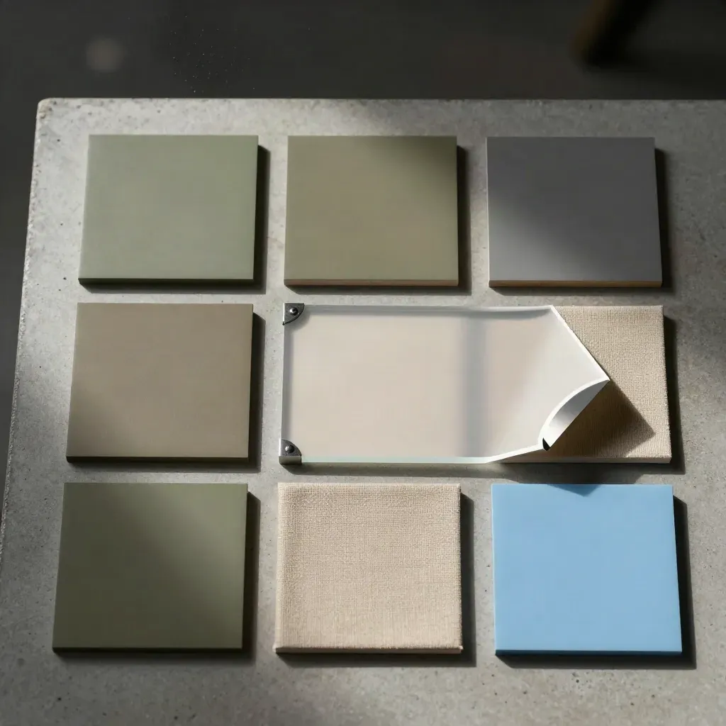 Overhead material board with swatches, alloy offcuts and blue accents on concrete.