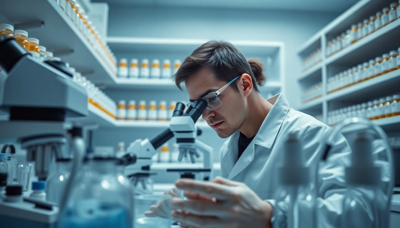 Scientist analyzing peptides showcasing Hydro Research in a modern lab environment.