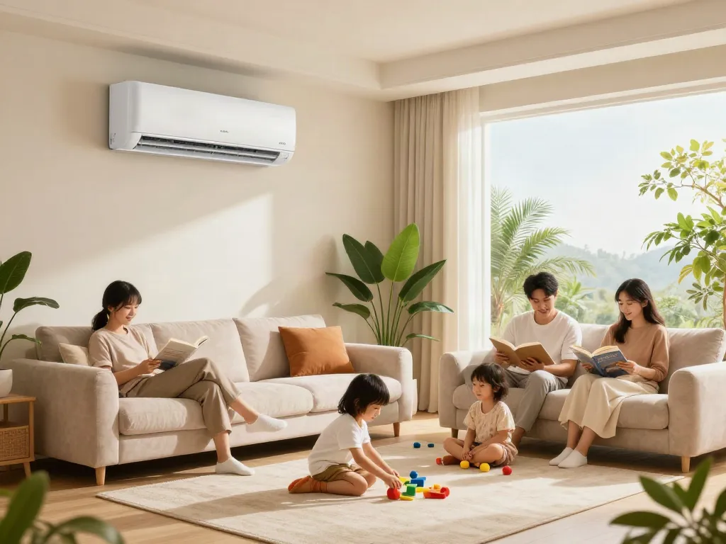 A family enjoying comfort in a stylish living room with an 18k mini split air conditioning unit efficiently cooling the space.