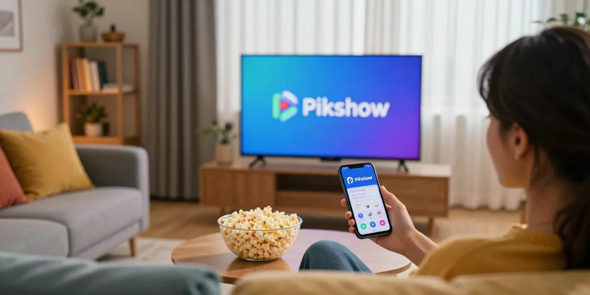Pikashow streaming experience in a cozy living room with popcorn and a smartphone.