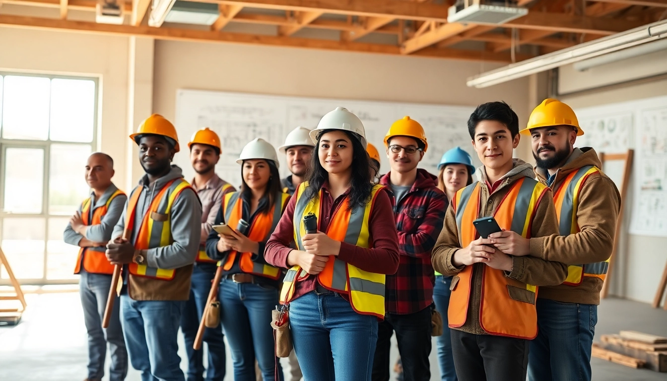 Students engaged in construction education, learning tools in a vibrant training environment.