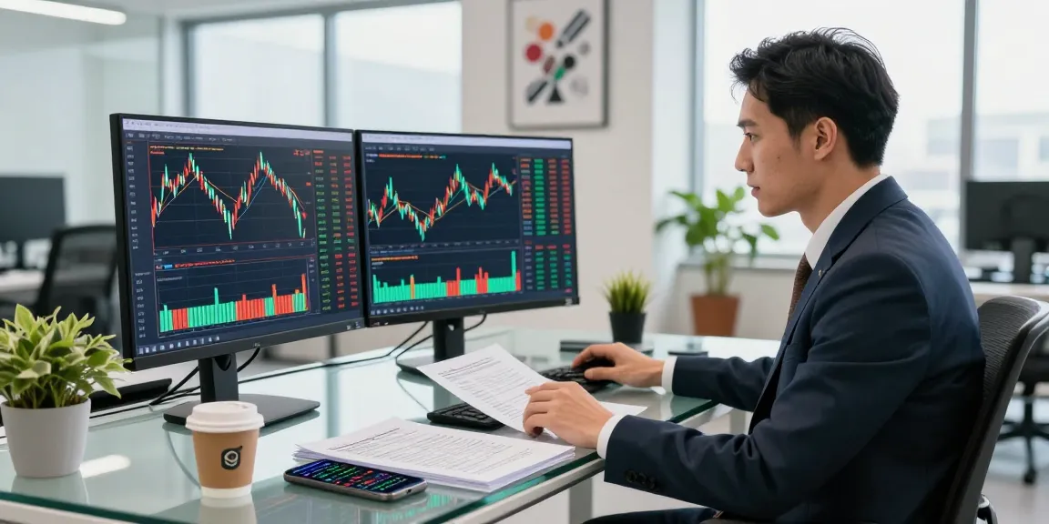 Financial analyst at work studying ivq.ch stock market trends in a modern office setting.