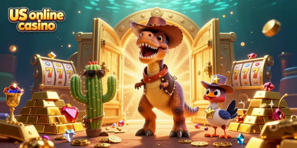Experience the thrill of us online casino with vibrant 3D characters and treasure.