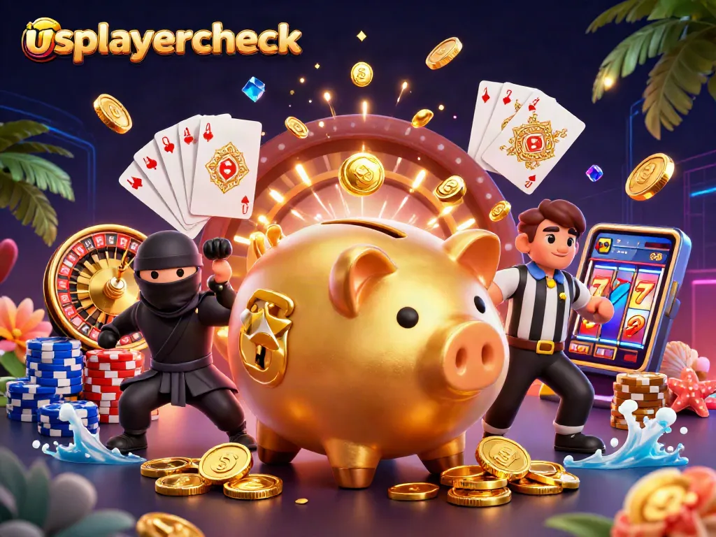 Experience big wins with usplayercheck's vibrant casino illustration, featuring epic characters and dazzling game elements.
