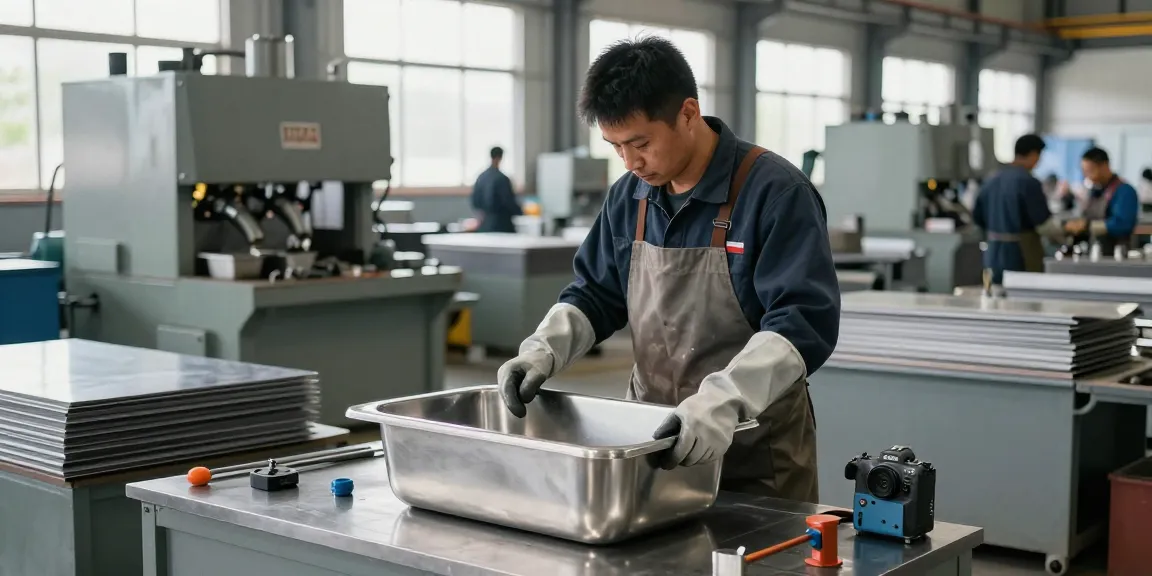 Workers in a stainless steel basin factory inspecting and assembling high-quality basins.