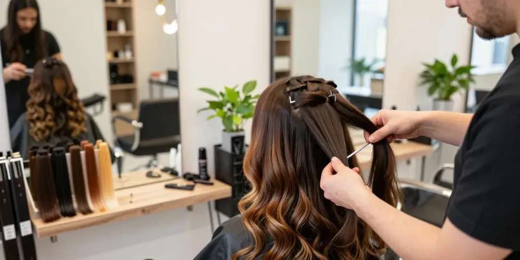 Sew in weft hair extensions being applied in a stylish hair salon, showcasing luxurious locks and expert application.