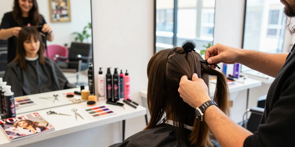 Stylish hair salon scene showing the latest hair style trend being applied with modern tools and vibrant decor.
