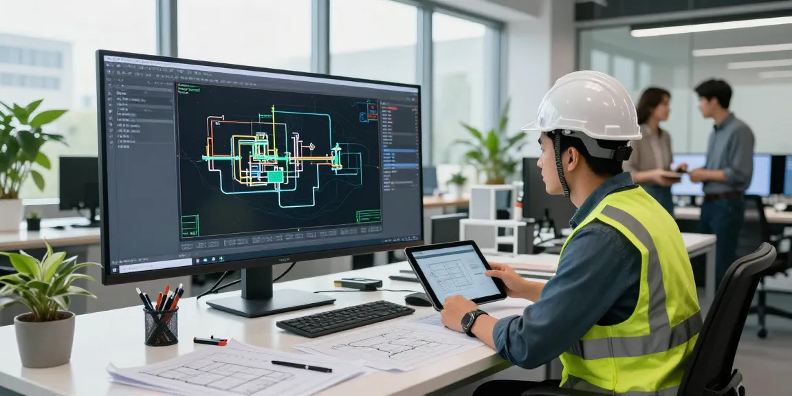 Plant 3D piping design scene with engineer reviewing digital plans in a modern workspace.