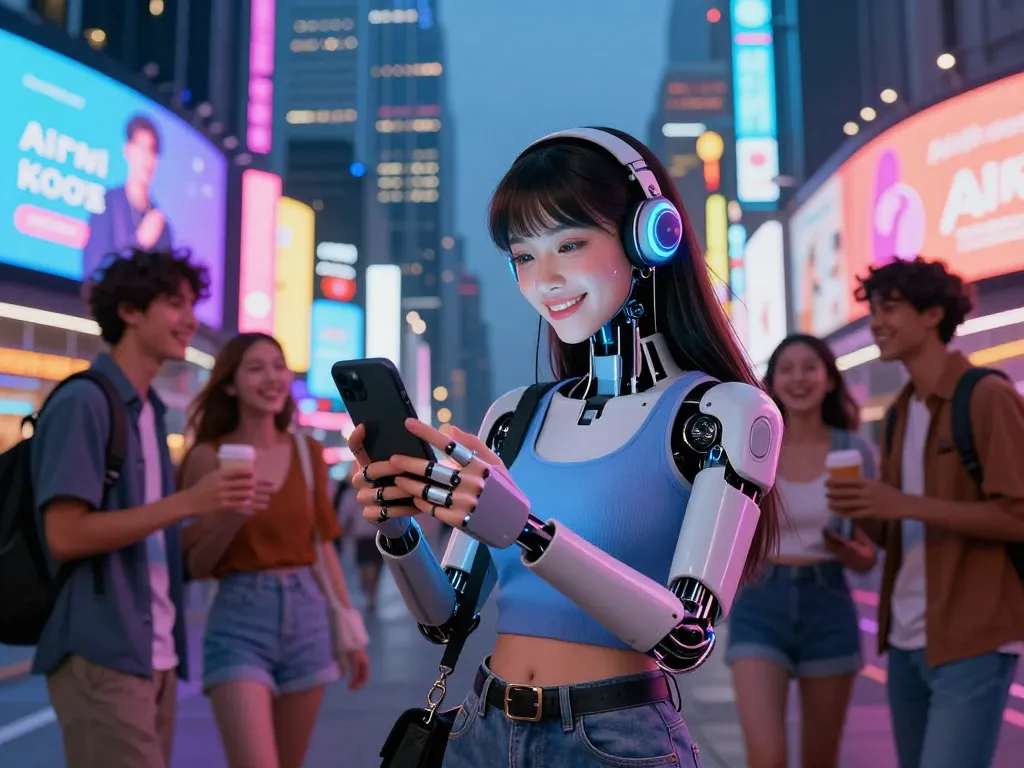 AI slut character engaging with technology in vibrant urban nightlife.