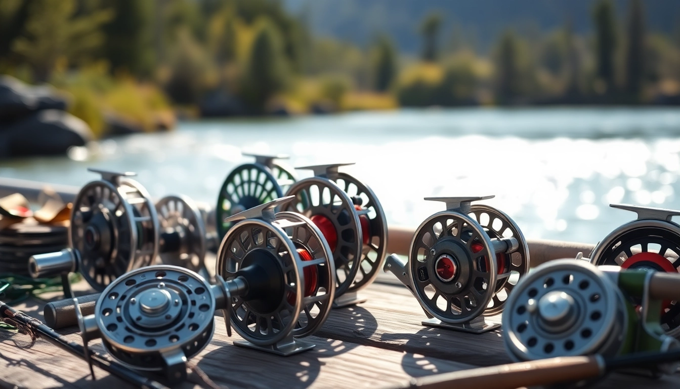 Showcase of the best fly fishing reels on a wooden table by a serene river, emphasizing quality and nature.