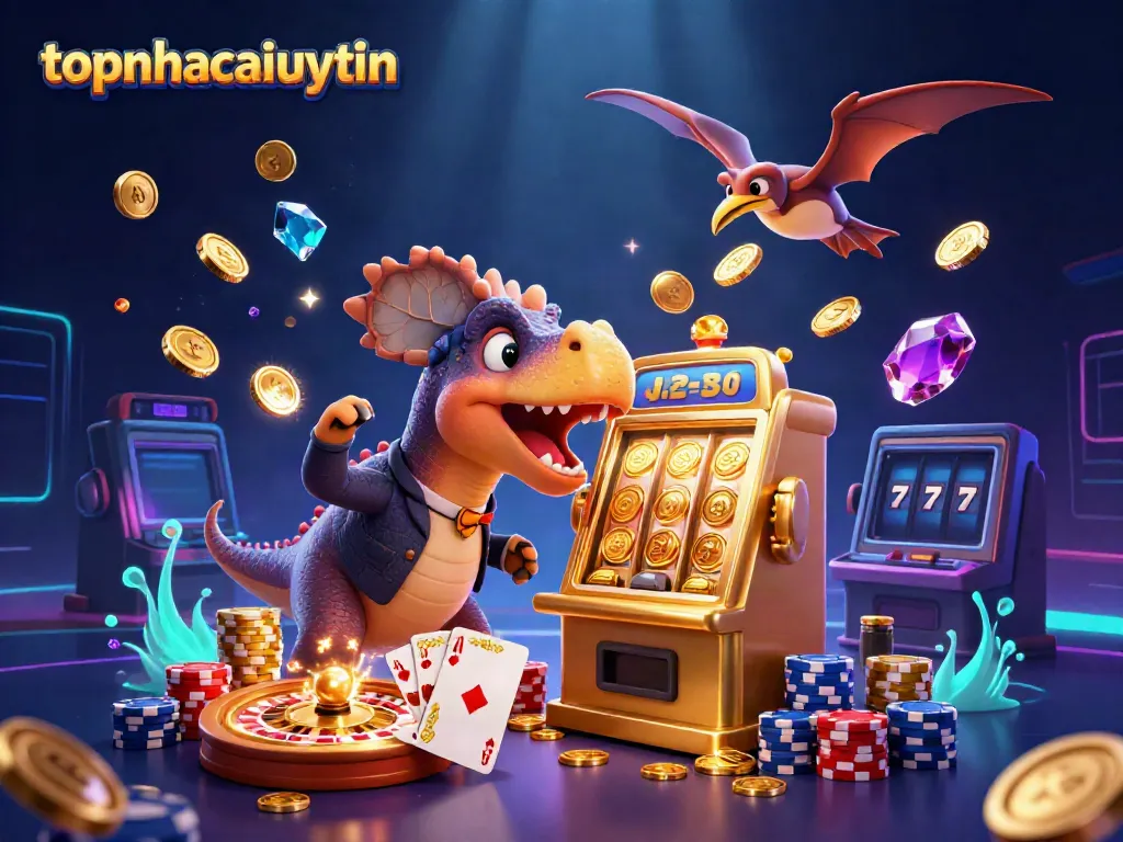 Topnhacaiuytin showcases a lively casino scene with vibrant characters and dynamic elements.