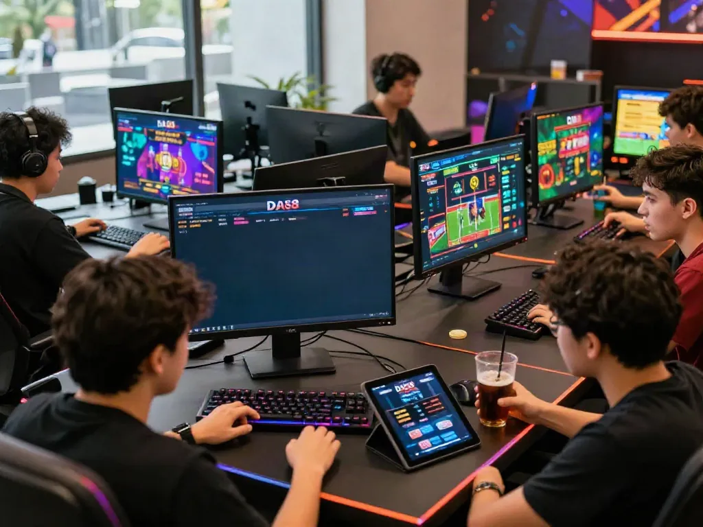Players enjoying a vibrant DA88 online gaming experience with modern setups and promotional displays.