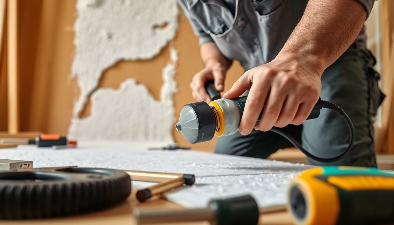 Contractor actively engaged in spray foam removal in a home environment.