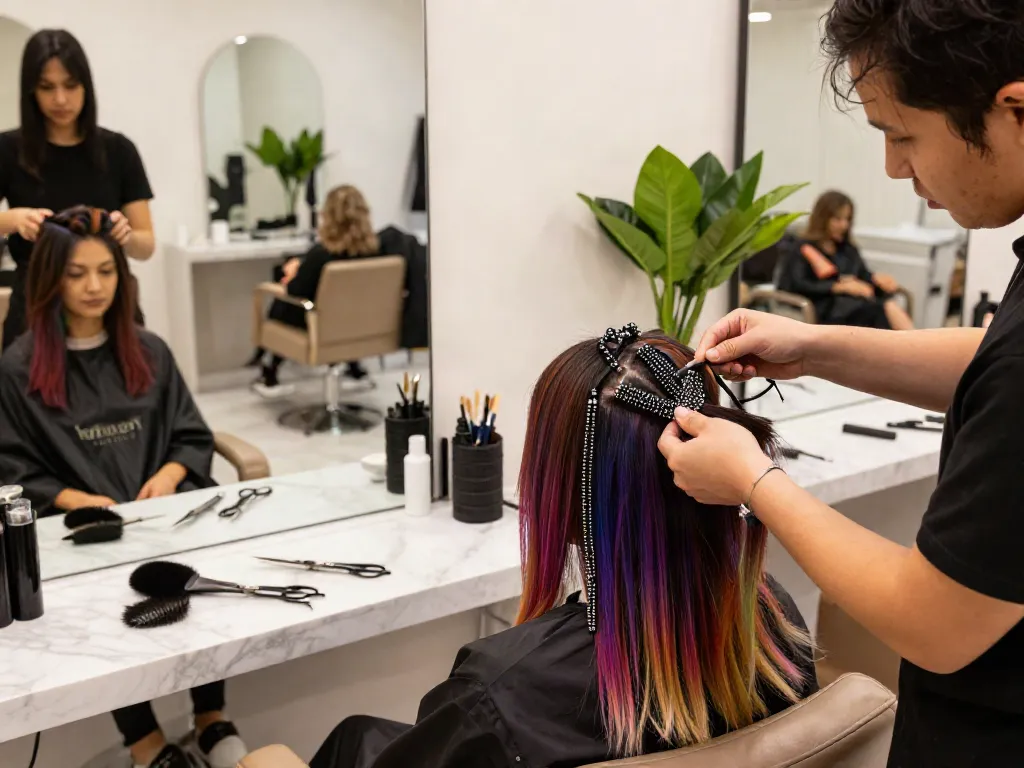 Stylist applying beaded weft hair extensions in a modern salon setting