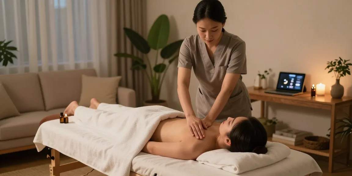 Relaxing 광진구출장마사지 scene in a serene living room with a professional therapist at work.