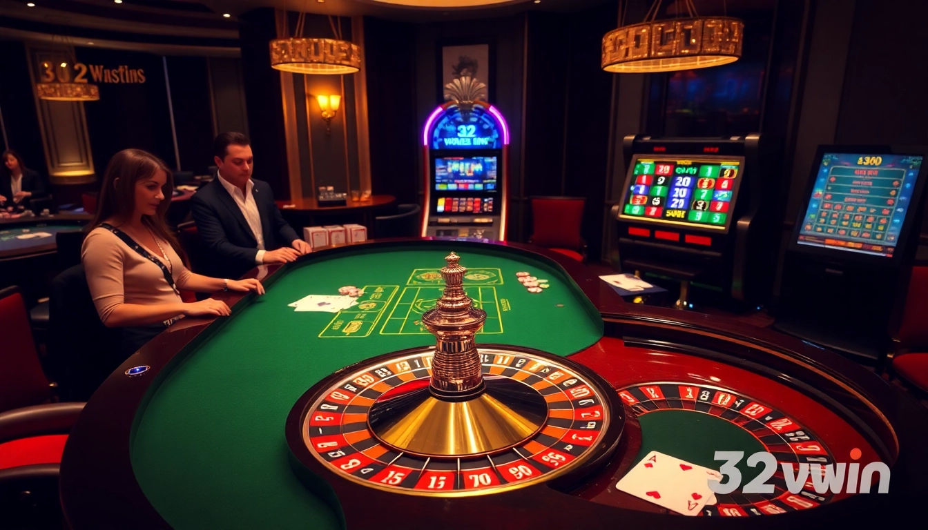 32win casino players engaged at a glamorous roulette table, highlighting an upscale gambling experience.