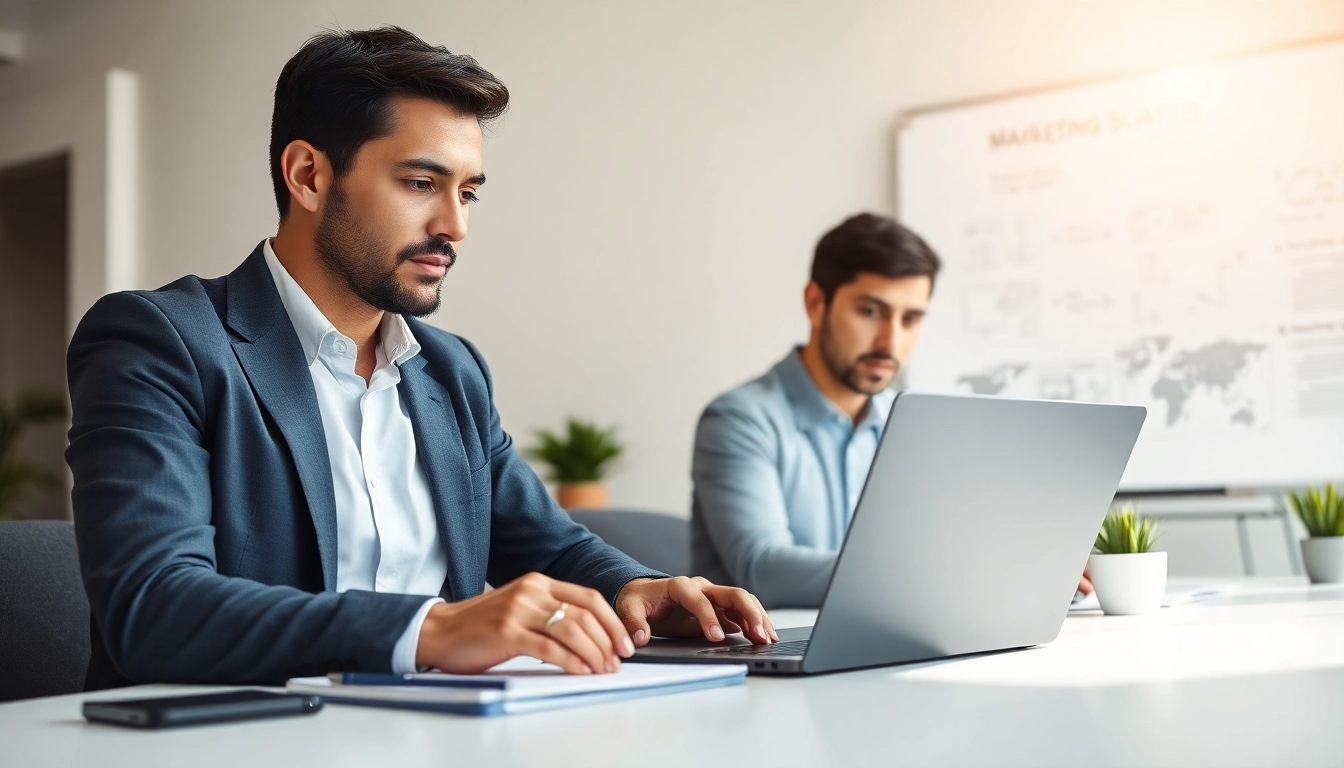Marketing Consultant collaborating with a client in a bright office environment.